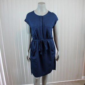 H&M Blue Shift Dress Size 14 Tie Waist Pockets Casual Work Minimalist